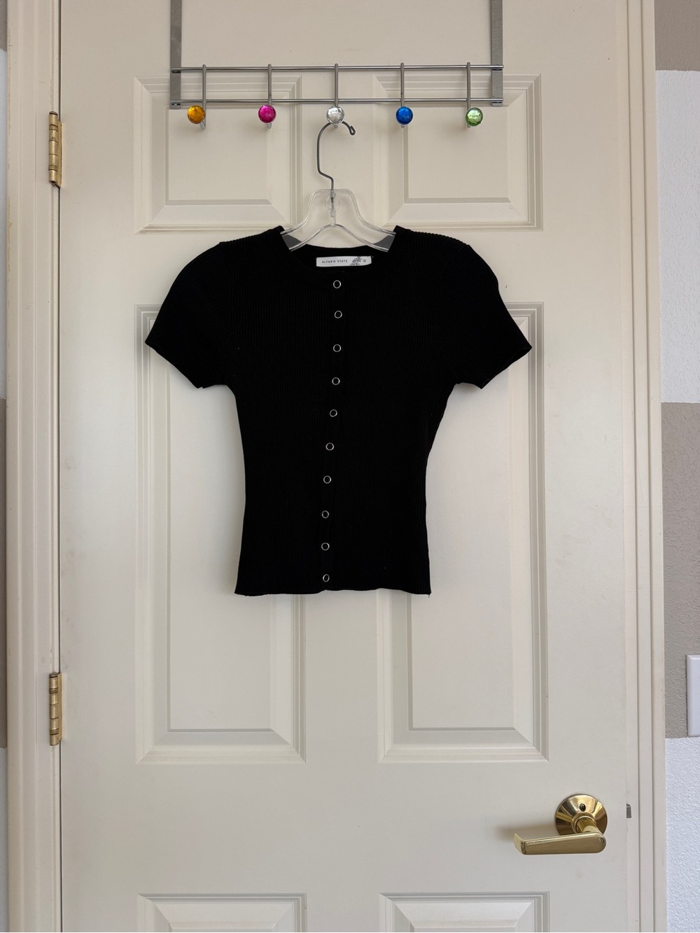 Altar'd State Black Ribbed Button-Front Short Sleeve Top